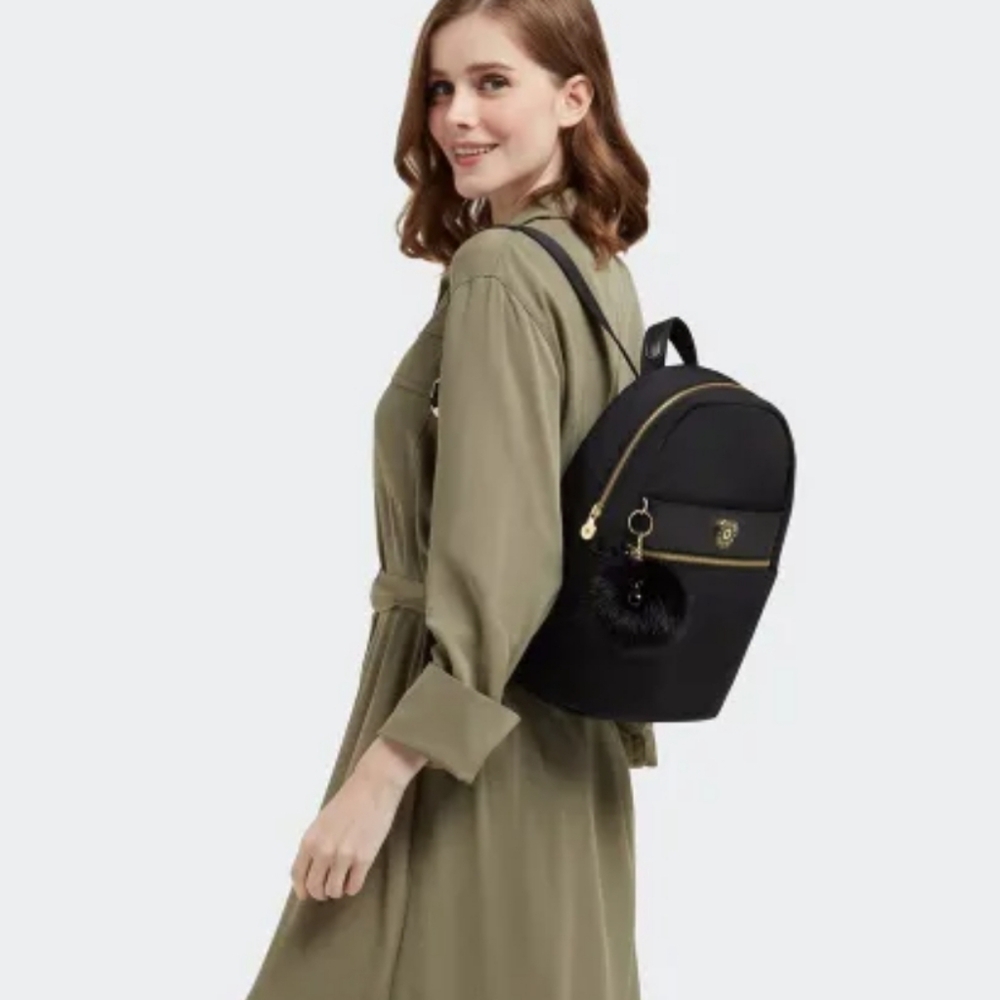 Kipling Jet Black Satin Jeanna Backpack Rose Gold Durable Weekender Travel Bag